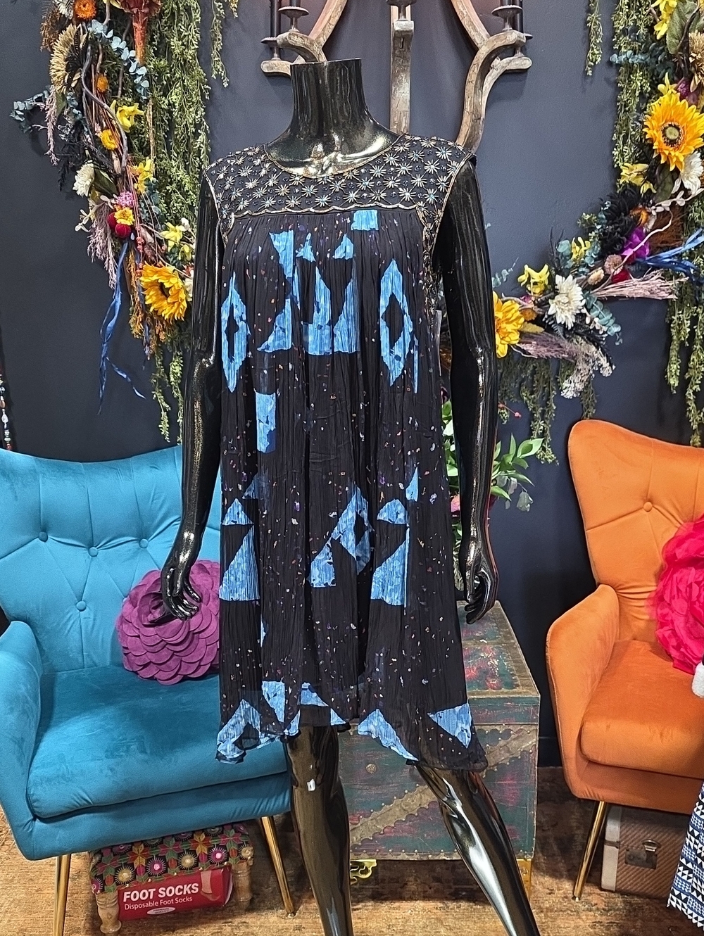 Moulinette Soeurs Black Midi Dress w/ Beading & Blue Geometric Print